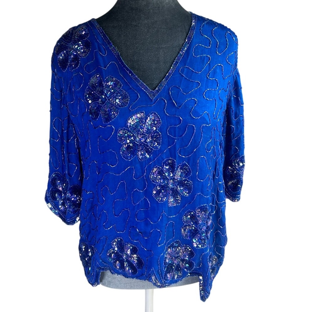 Vtg Blouse Royal Blue- Sequin Beads- Flowers Size Medium- Silk Baanis- Some Wear